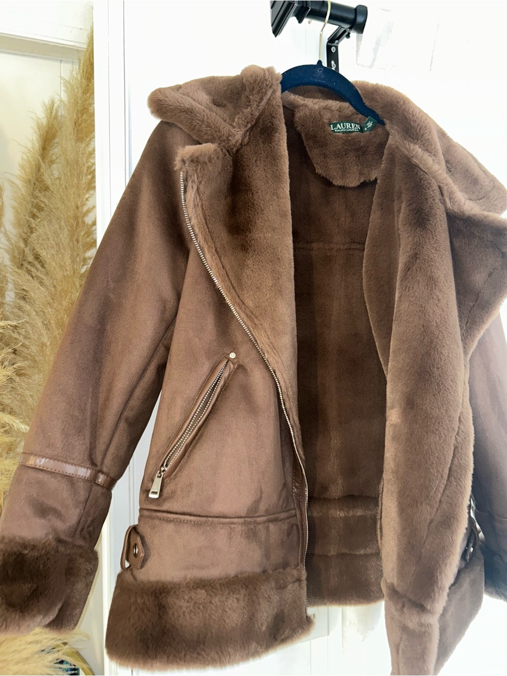 Lauren Ralph Lauren Brown Faux Suede Shearling Moto Jacket - Picture 5 of 9